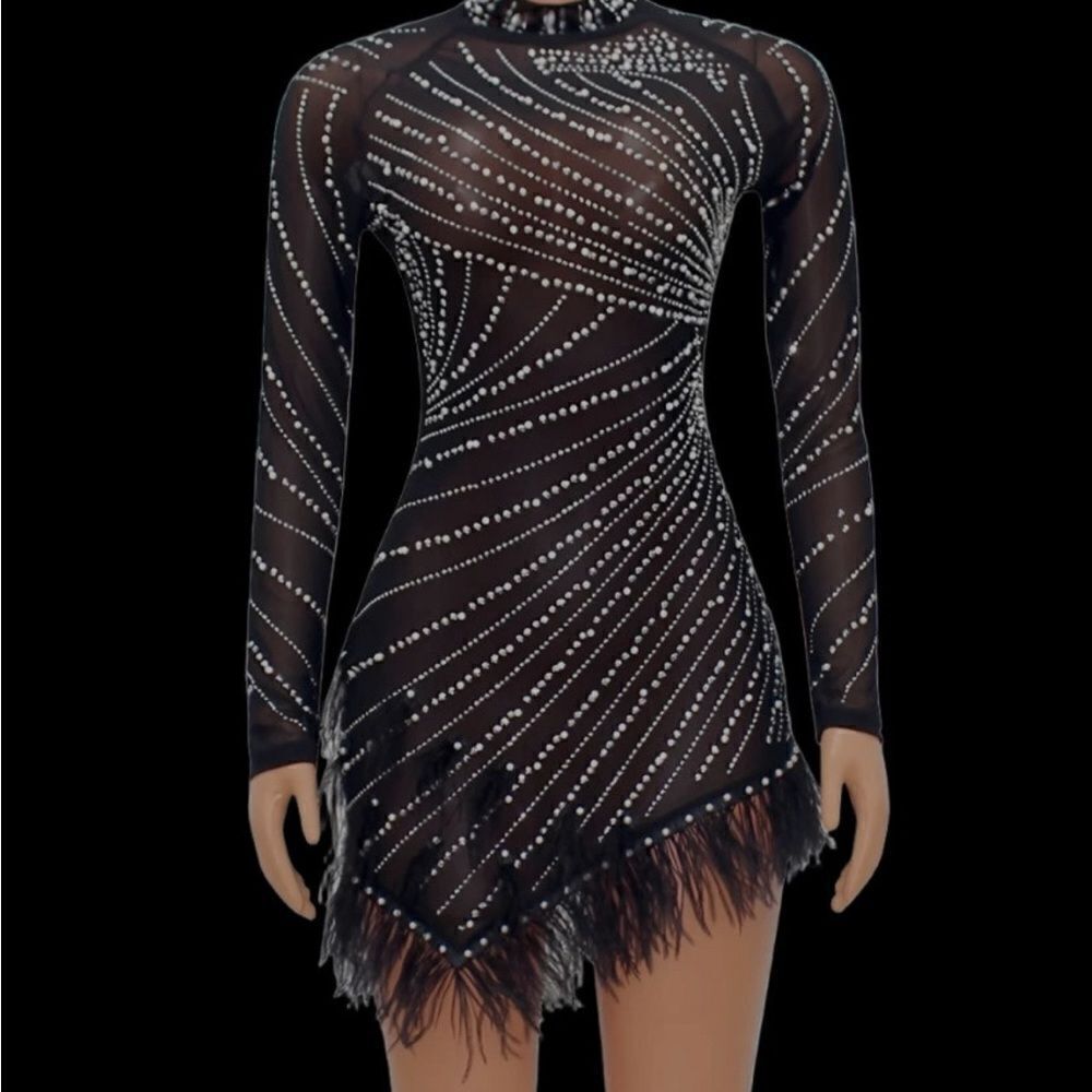 Unbranded Luxury Rhinestones & Pearls Feather Mini Dress Feather Accents Size S